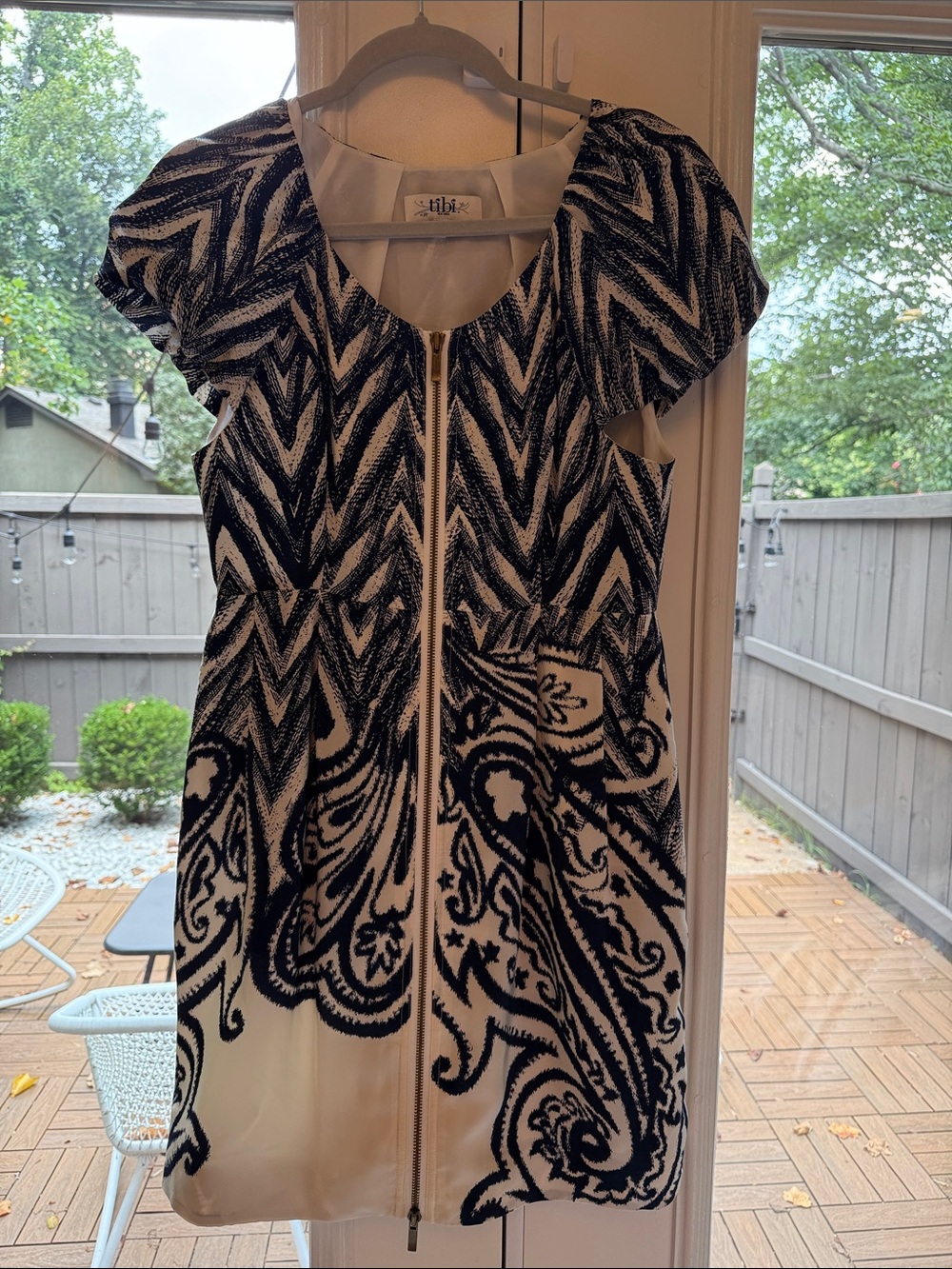 Tibi Navy & Ivory Silk Zip-Front Patterned Dress